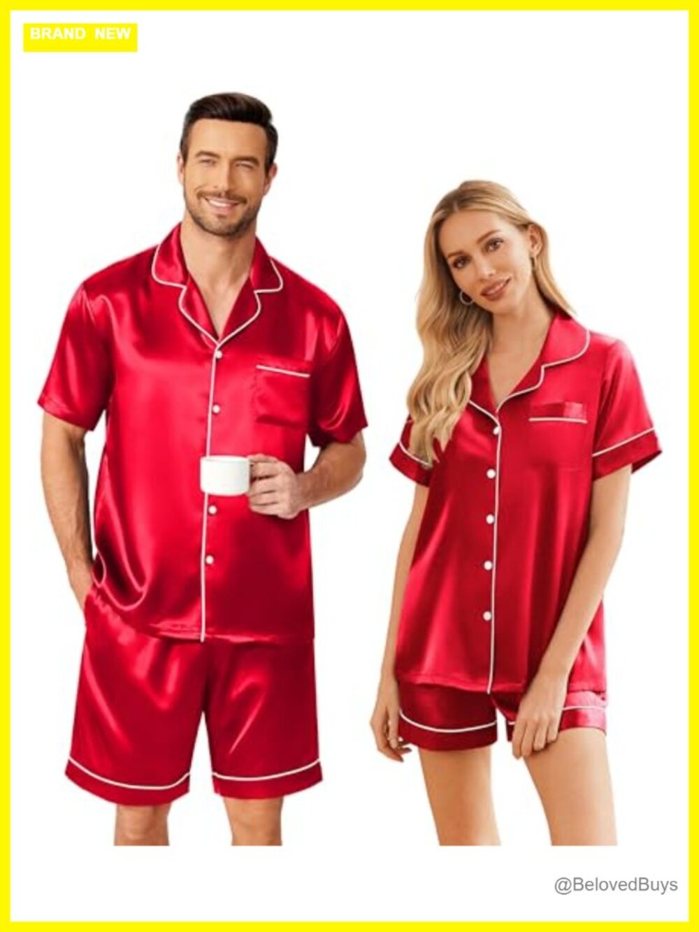 Silk Satin Couple Matching Pajama Set Short Sleeve Button Up Sleepwear